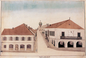 L'Hôtel de ville d'Orgelet au XIXème siècle, avec la rue du château et la chapelle de la Congrégation des artisans (dessin plume et lavis signé THUREL)